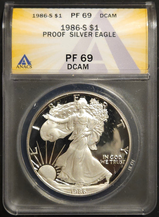 1986-S American Silver Eagle Proof Silver Dollar ANACS PF69DCAM  Amazing First Year Coin with DEEP Cameo Contrast