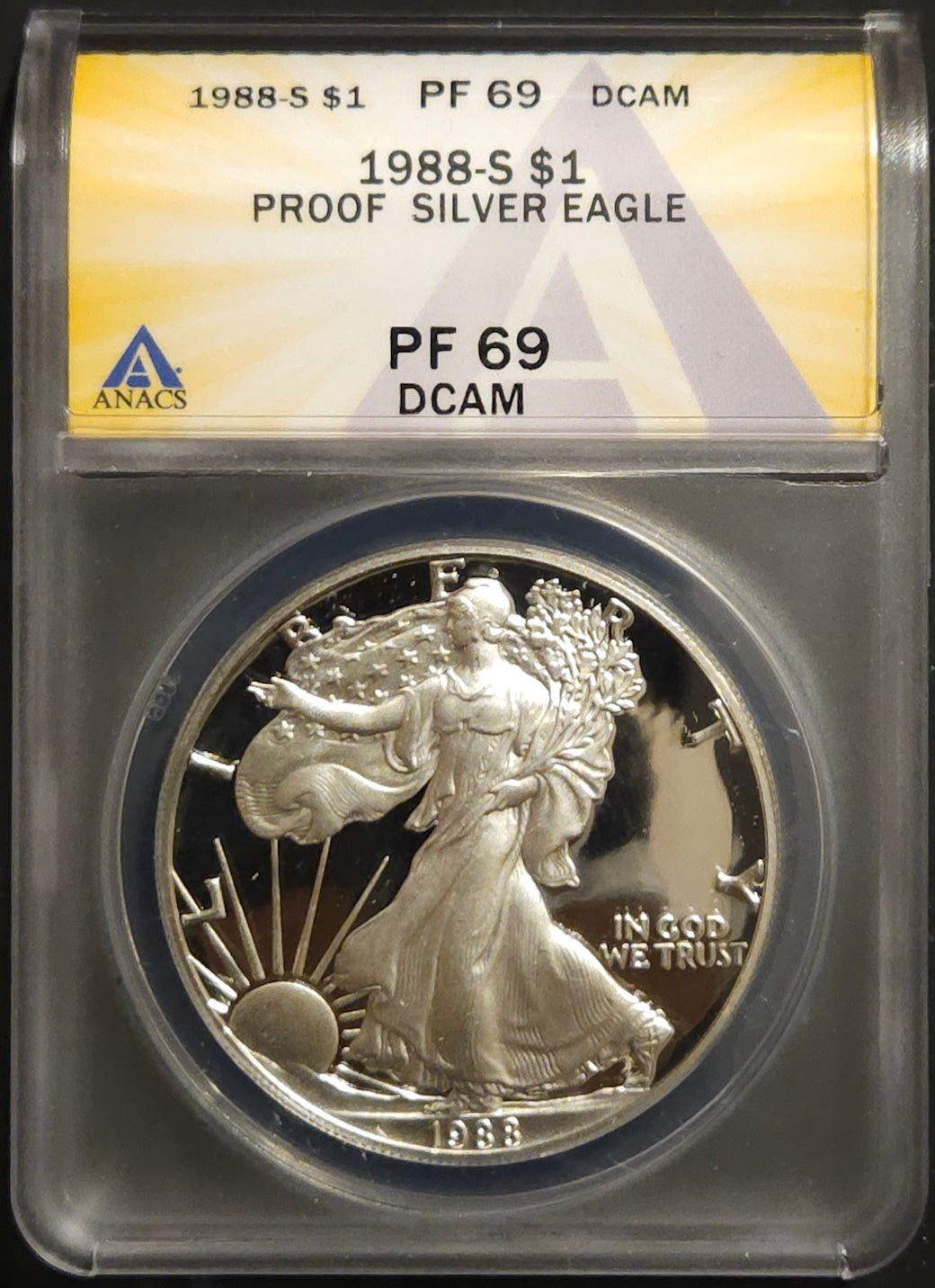 1988-S American Silver Eagle Proof Silver Dollar ANACS PF69DCAM  Beautiful Deep Cameo Contrast- A true Stunning Coin!