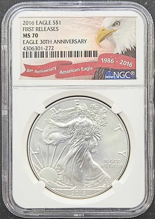 2016-P American Silver Eagle Silver Dollar NGC MS70 First Releases 30th Anniversary