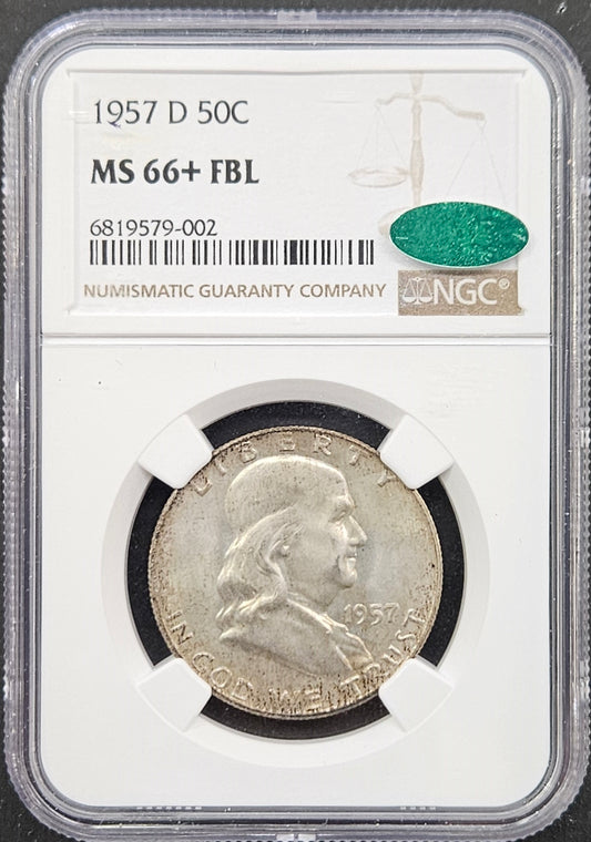 1957-D Franklin Half Dollar NGC MS66+ FB CAC Full Bell Lines Amazing FBL Coin, CAC Green Bean Approved