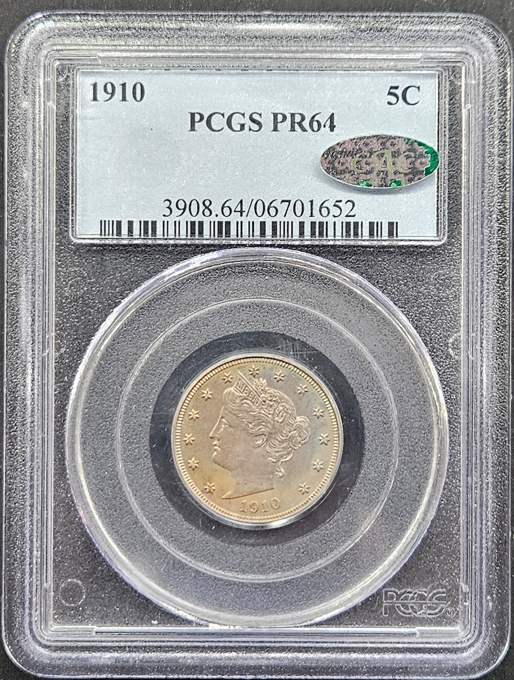 1910-P Liberty V Nickel PCGS PR64 CAC Proof Low Mintage (2018) CAC Approved!!!