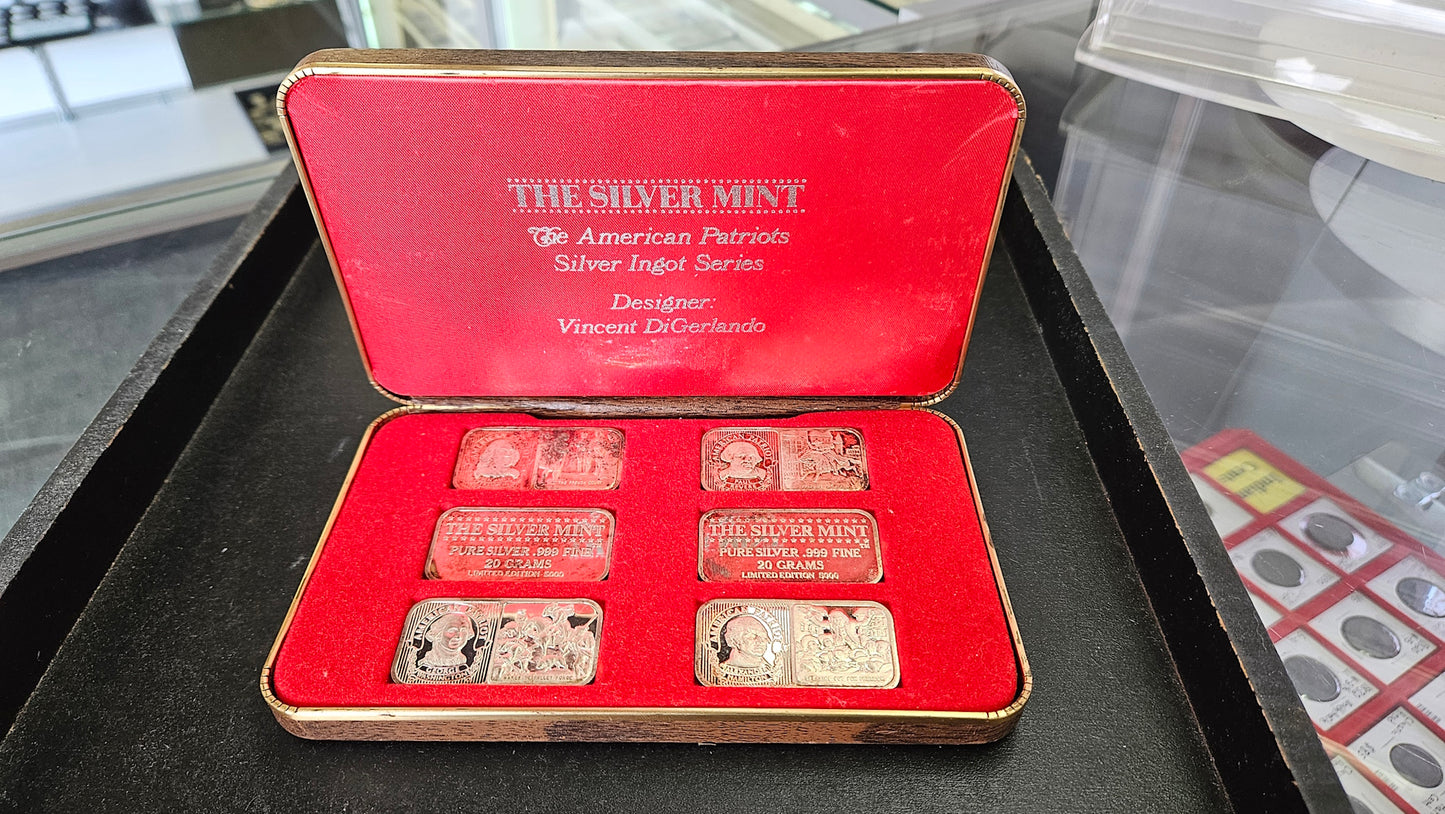 THE AMERICAN PATRIOTS SET OF 6 .999 Vintage SILVER ART BARS - Silver Mint Ingots