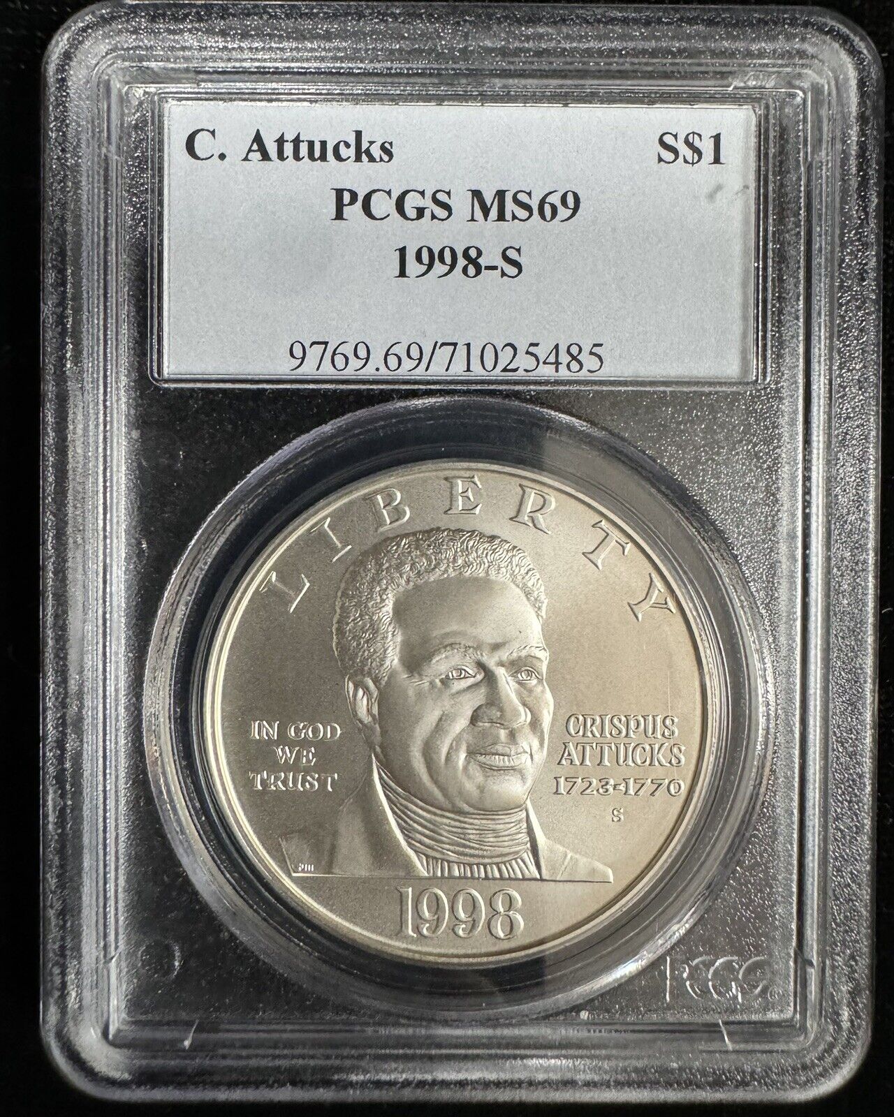 1998-S Silver Dollar Black Revolutionary War Patriots, C Attucks PCGS - MS69