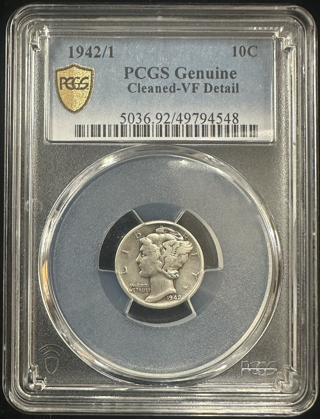 1942/41 Mercury Dime PCGS Cleaned VF Details (300989)