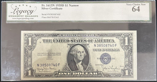 1935 D $1 Silver Certificate Legacy Very Choice 64