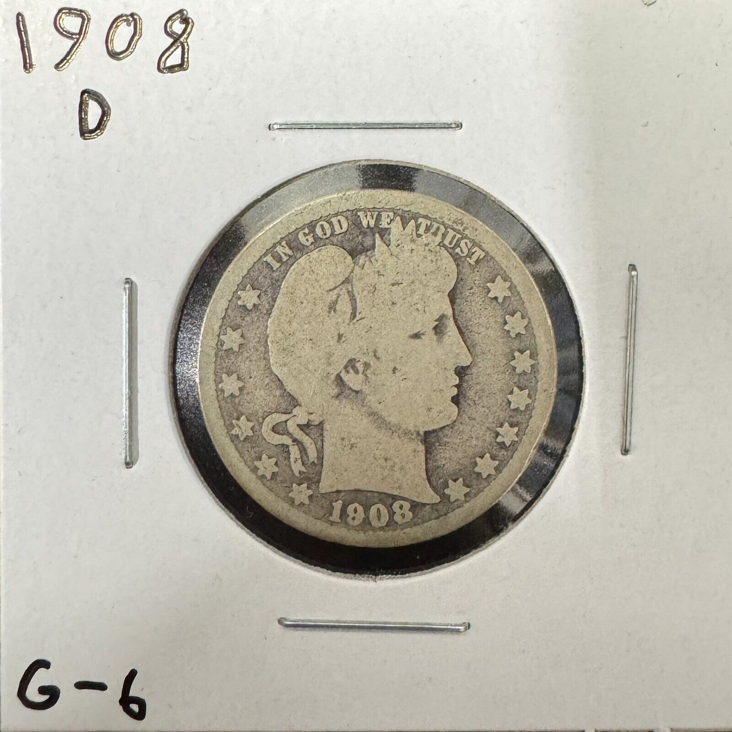 1908 D Barber Quarter - Good ( 300824 )