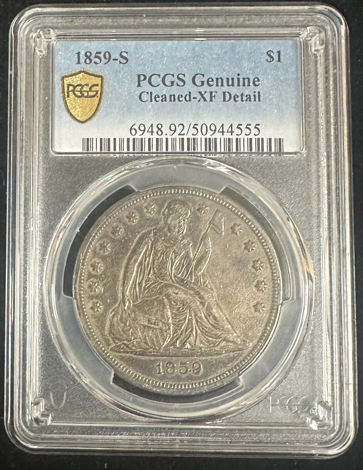 1859 S Seated Liberty Dollar PCGS Cleaned XF Details (300994)