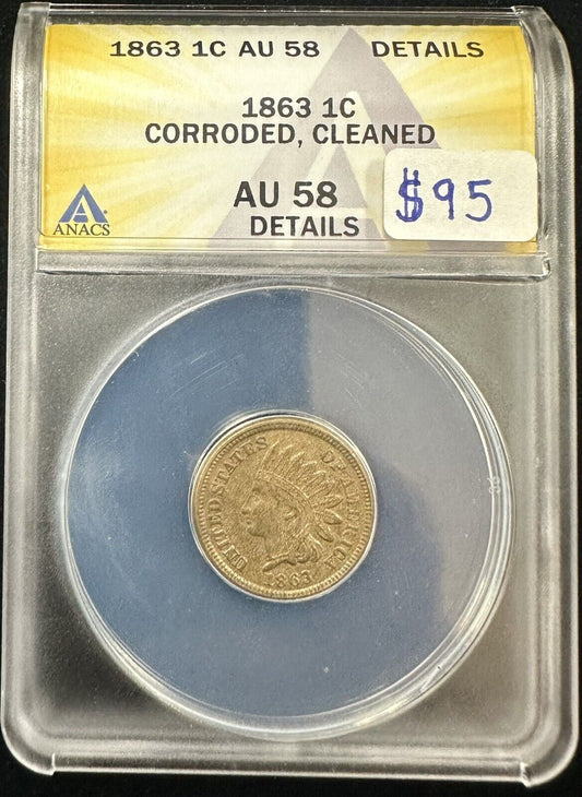 1863 Indian Head Cent ANACS AU58 Details Corroded, Cleaned