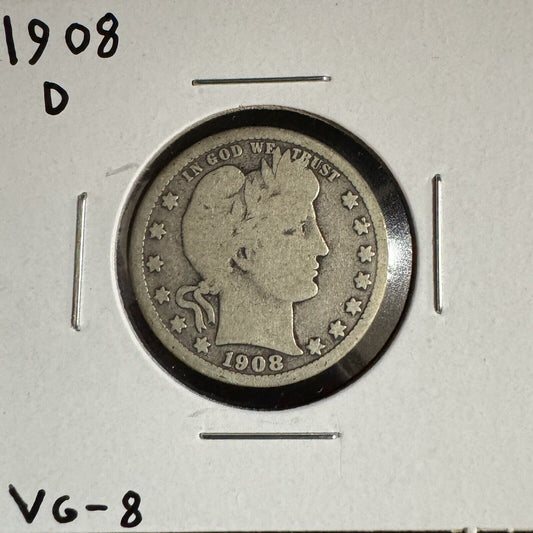 1908 D Barber Quarter - Very Good ( 300834 )