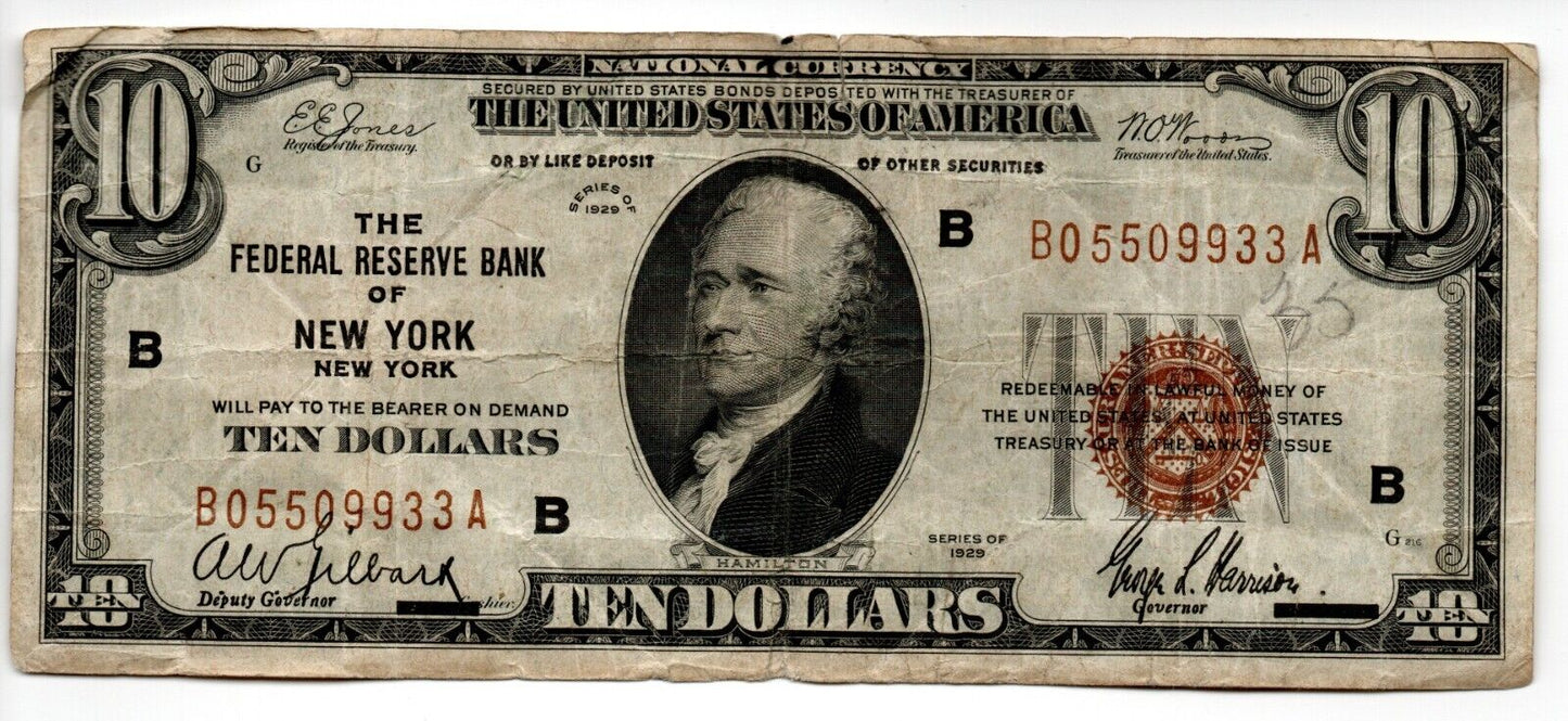 1929 $10 Federal Reserve Note New York Fr.2000B Very Fine BO2C