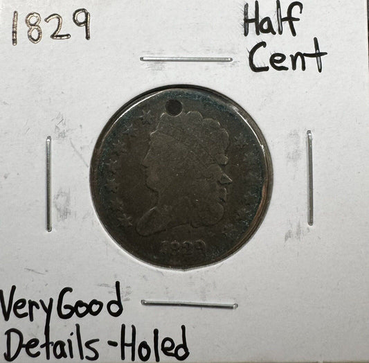 1829 Half Cent - Very Good Details-Holed  ( 300906 )