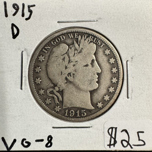 1915 D Barber Half Dollar - Very Good 