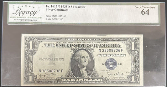 1935 D Narrow $1 Silver Certificate Legacy Very Choice New 64