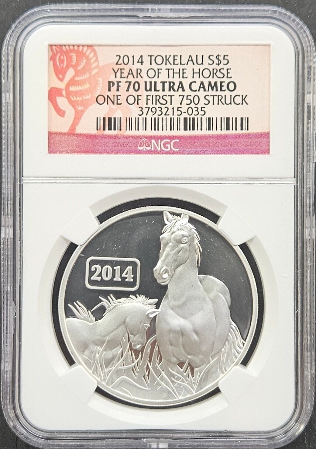 2014- Tokelau NGC PF70 Ultra Cameo $5 Year of the Horse – One of First 750 Str