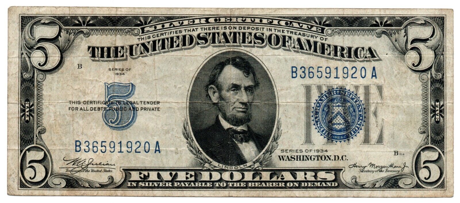 1934 $5 Silver Certificate FR. 1650 Serial # B36591920A Very Fine