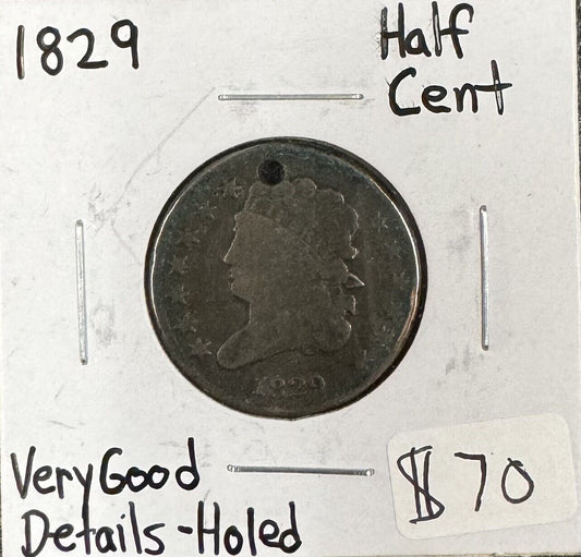 1829 Half Cent - Very Good Details, Holed ( 300906 )