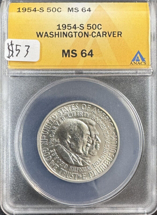 1954 S Washington Carver Half Dollar - ANACS MS64 ( 301162 )