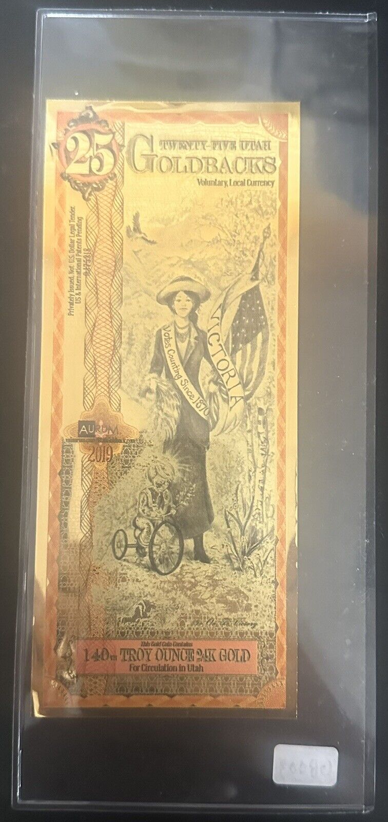 25 Utah Goldback 2019 1st Year Issue 24K .999 Fine Gold Foil Note 1/40 oz