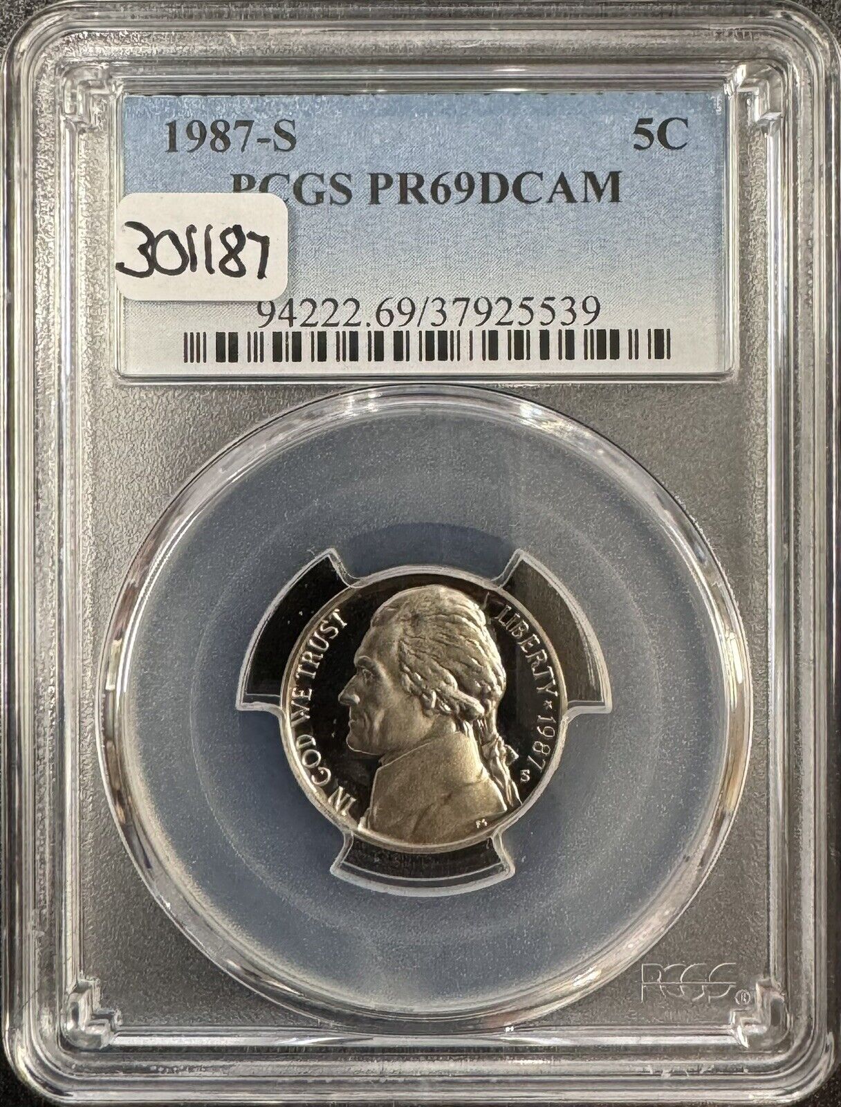 1987 S Jefferson Nickel - PCGS PR69 DCAM ( 301187 )