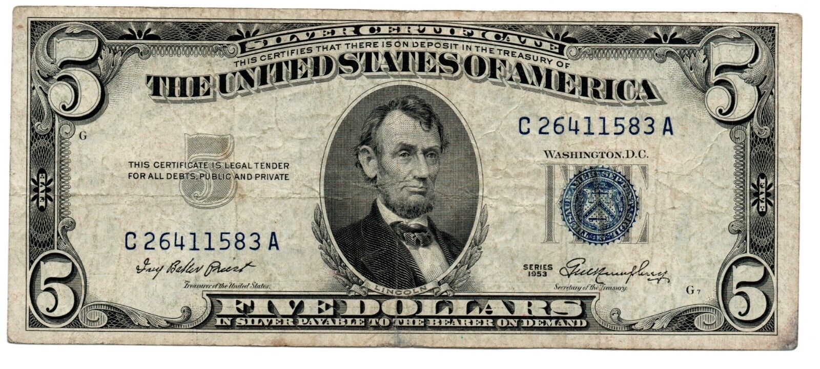 1953 $5 Silver Certificate Serial # C26411583A Very Fine