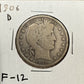 1906 D Barber Half Dollar - Fine 