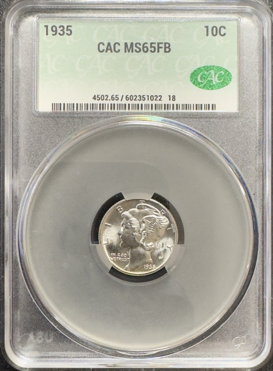 1935 Mercury Dime CAC - MS65 FB ( 40437 )