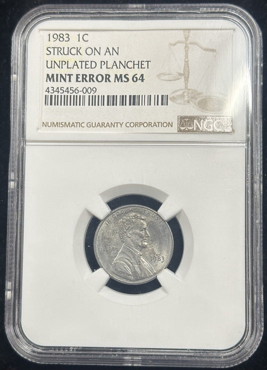 1983 Lincoln Cent Struck On Unplated Planchet NGC MS64 - JP1